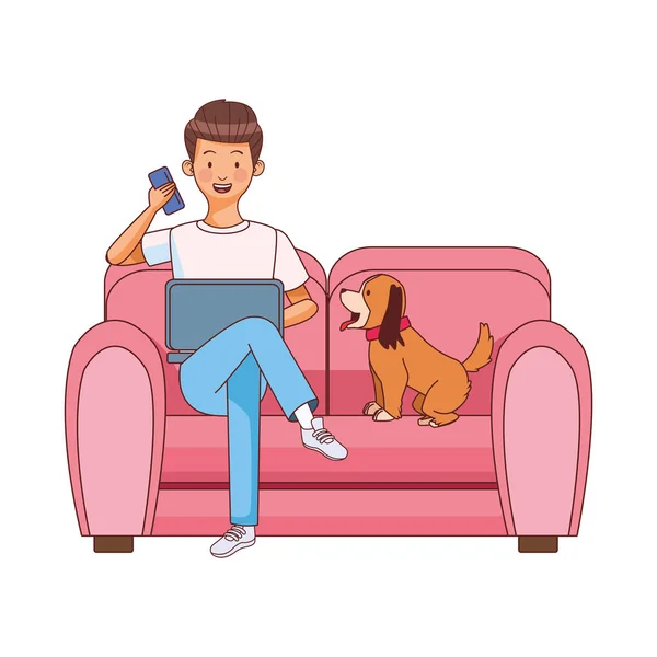 男人与狗使用笔记本电脑和喝咖啡坐在沙发上 — 图库矢量图片
