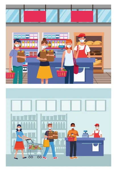 People shopping in supermarket with face mask — Stock Vector