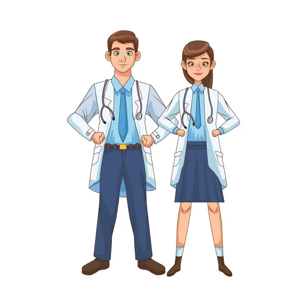 Médicos profissionais casal avatares personagens — Vetor de Stock