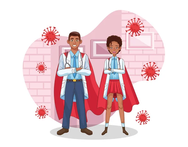 Super médicos pareja afro con héroe capa vs covid19 — Archivo Imágenes Vectoriales