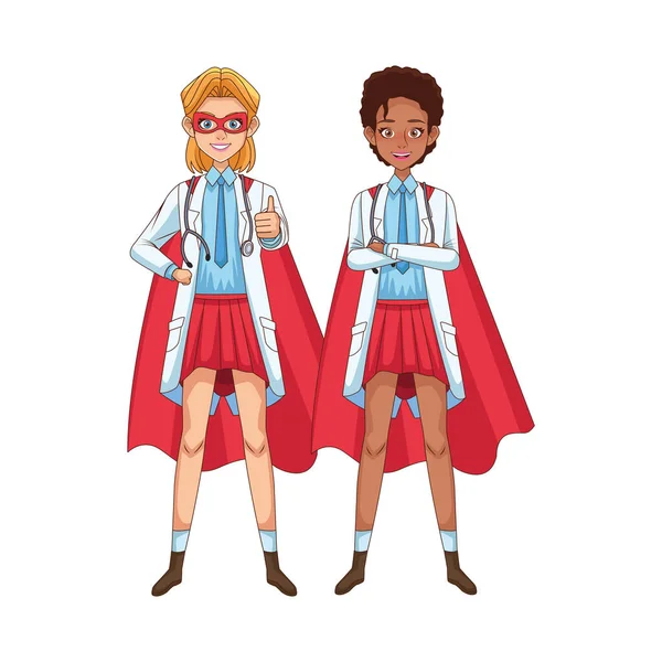 Super mujeres doctores interracial con héroe capa vs covid19 — Archivo Imágenes Vectoriales