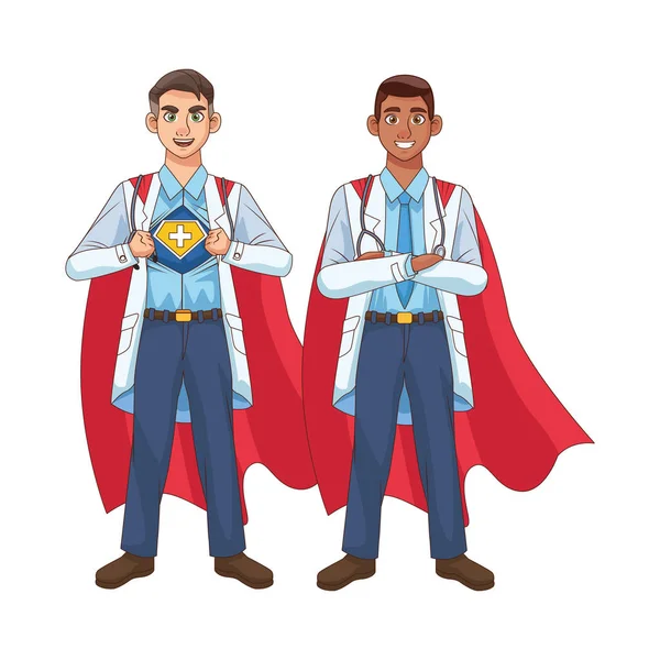 Super läkare interracial med hjälte mantel och sköld vs covid19 — Stock vektor