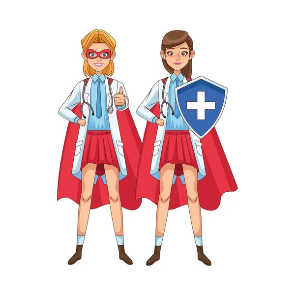 Doctores súper femeninos con capa de héroe y escudo vs covid19 — Archivo Imágenes Vectoriales