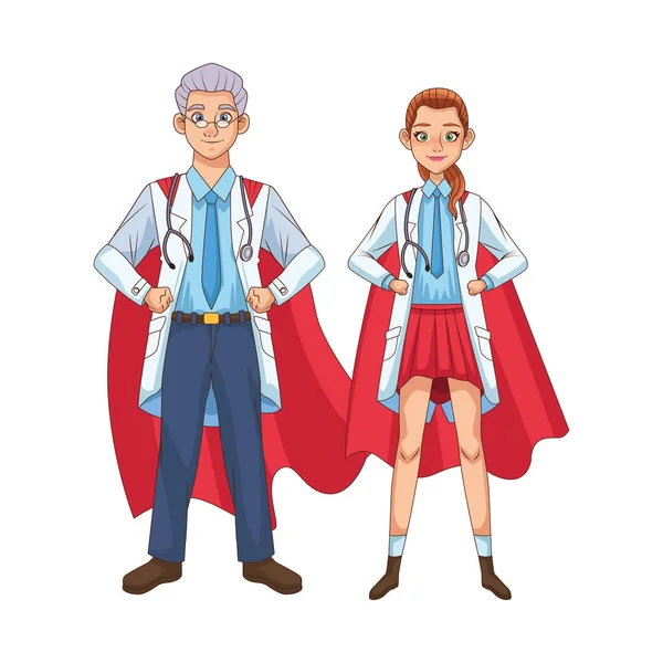 Super läkare par med hjälte mantel vs covid19 — Stock vektor