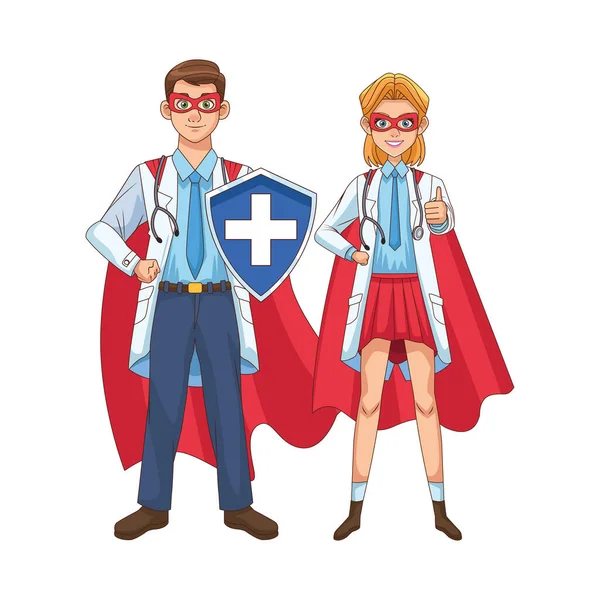 Super médicos casal com capa de herói e escudo vs covid19 —  Vetores de Stock