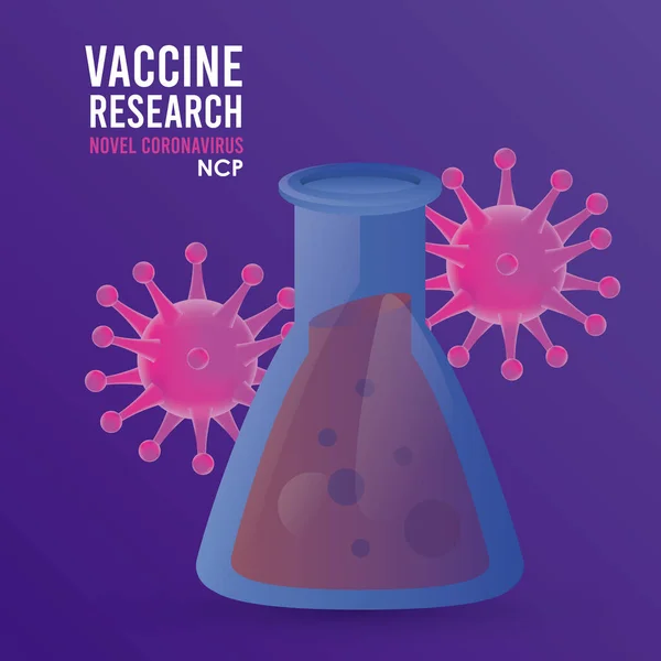Parçacıklar ve tüp vektör çizim tasarımı içeren covid19 aşı araması — Stok Vektör