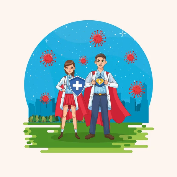 Super médicos pareja con capa de héroe y escudo vs covid19 — Archivo Imágenes Vectoriales