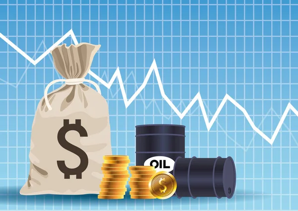 Oil price market with barrels and coins money bag — Stock Vector