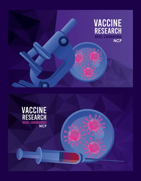 Covid19 aşı arama mikroskop ve enjeksiyon ile — Stok Vektör