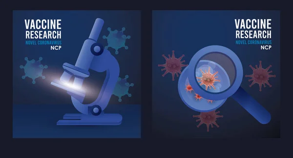 Covid19 aşı mikroskop ve büyüteçle arama — Stok Vektör
