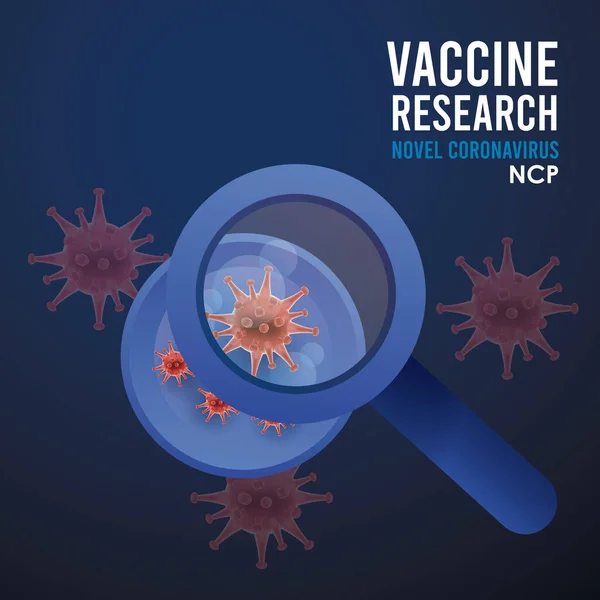 Parçacıklar ve büyüteçle covid19 aşı araması — Stok Vektör