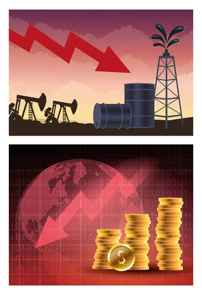 Oil price market with barrels and coins — Stock Vector