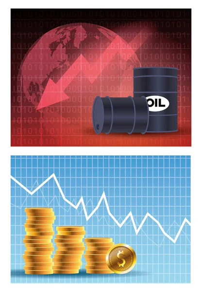 Oil price market with barrels and coins — Stock Vector