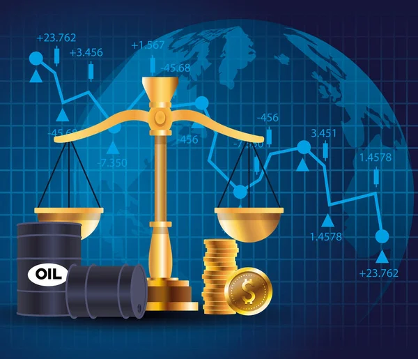 Oil price market with barrels and balance — Stock Vector