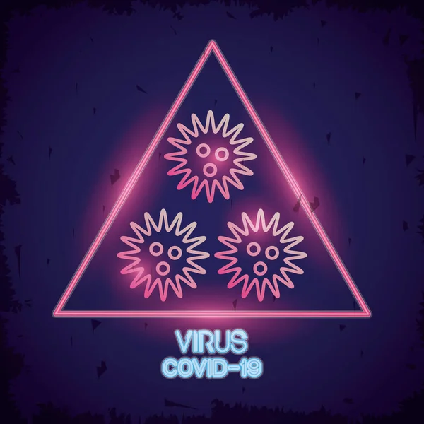 Covid19 pandemische deeltjes in driehoekig neonlicht — Stockvector
