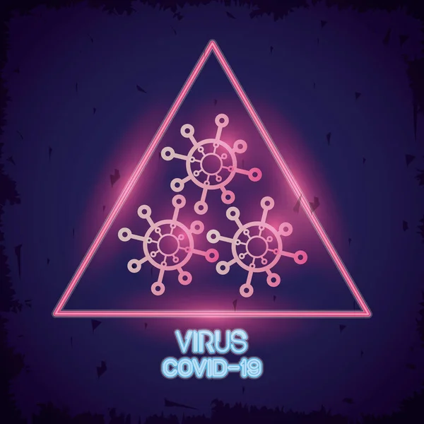 Covid19 pandemipartiklar i triangel neonljus — Stock vektor