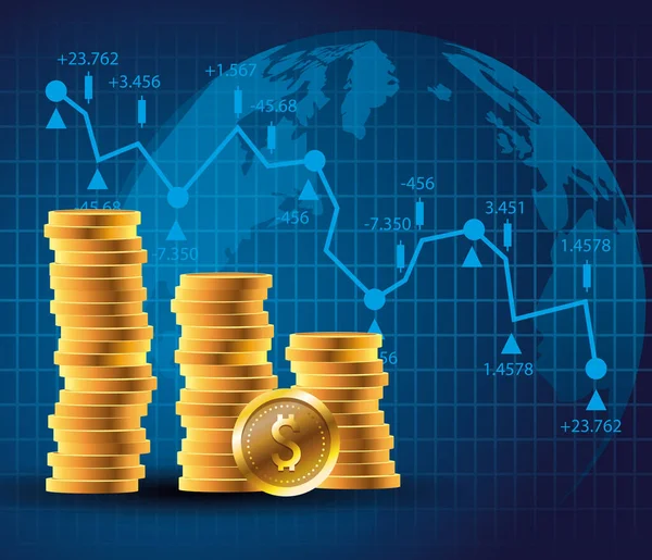 Mercado de precios del petróleo con monedas dólares y planeta mundial — Vector de stock