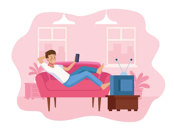 Man in sofa met behulp van smartphone scene — Stockvector