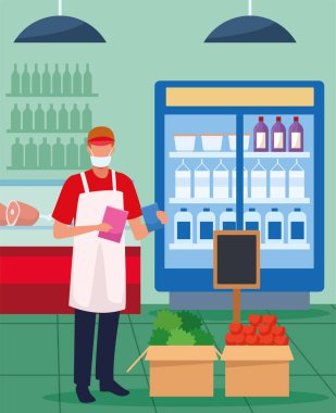 Yüzü maskeli süpermarket çalışanı