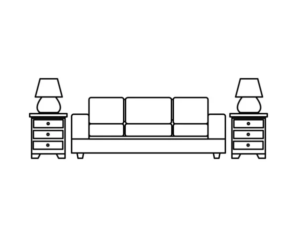 Sofá y cajones con lámparas salón muebles — Vector de stock