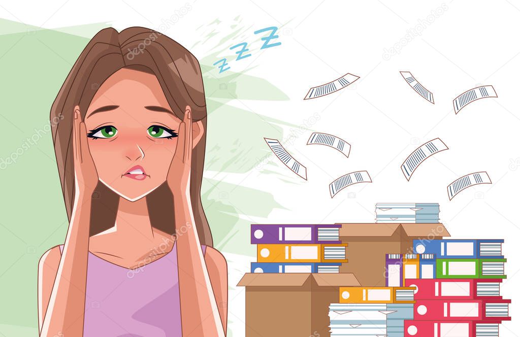 woman with imsomnia stress symptom and pile documents