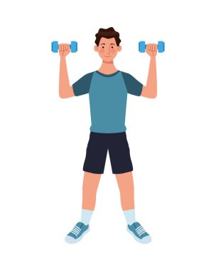 Genç adam dambılları kaldırıyor.