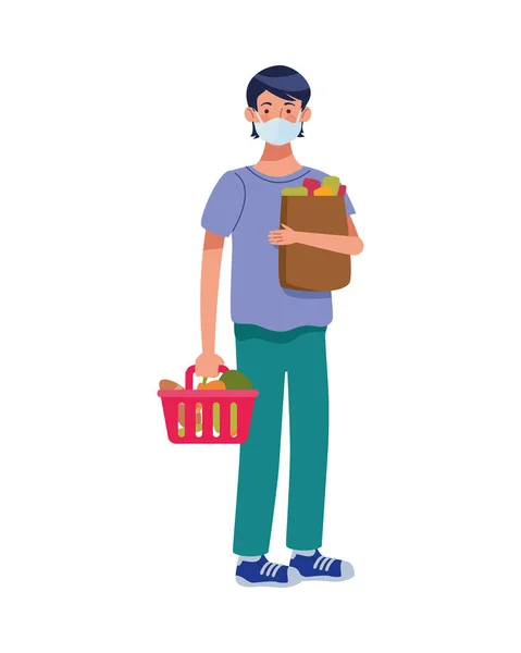 Mann mit Mundschutz mit Einkaufskorb im Supermarkt — Stockvektor