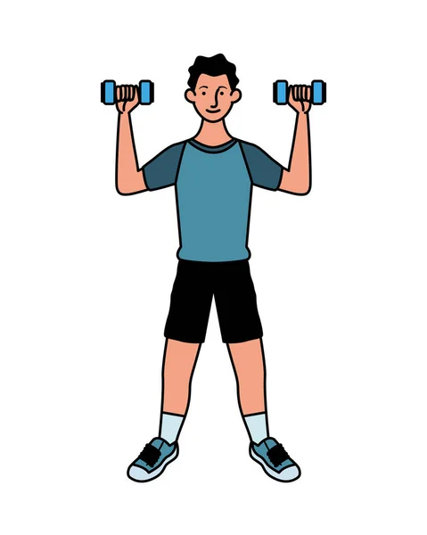 Young man athlete lifting dumbbells — Stock Vector