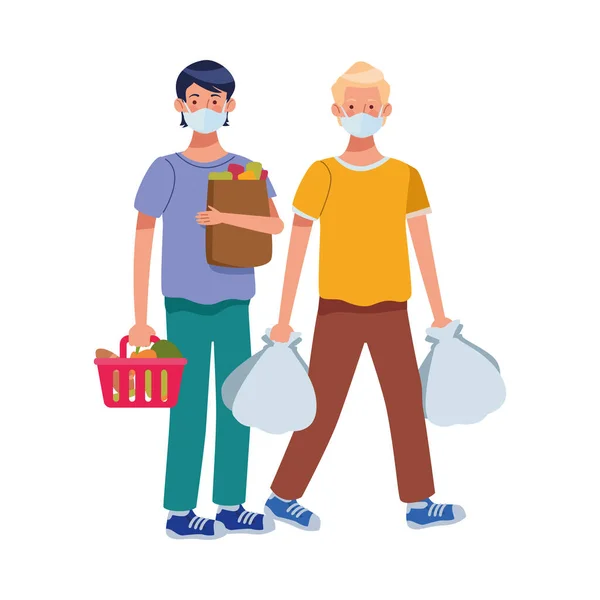 Mannen met gezichtsmaskers in de supermarkt — Stockvector