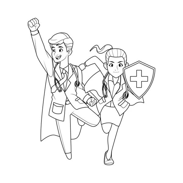 Super médicos pareja con personajes de escudo — Archivo Imágenes Vectoriales