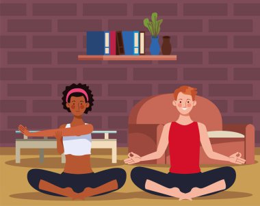 Irklar arası çift evde yoga yapıyor.