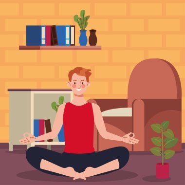 Adam evde yoga yapıyor.