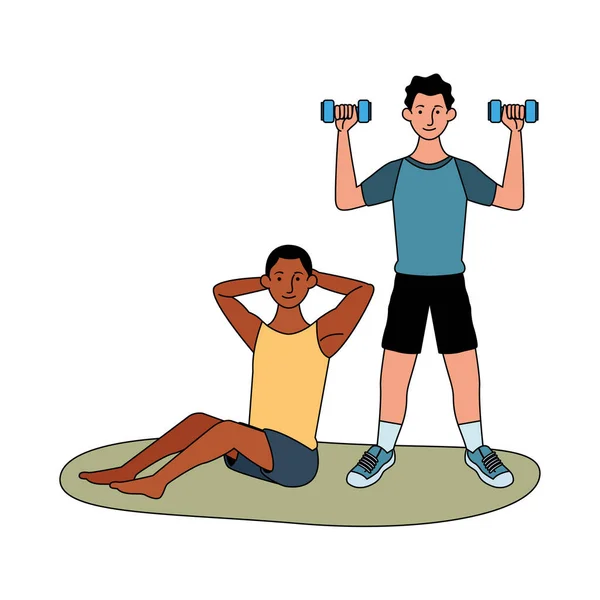 Hombres interraciales atletas practicando personajes de ejercicio — Archivo Imágenes Vectoriales