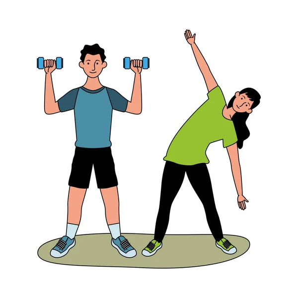 Joven pareja atleta practicando ejercicio caracteres — Archivo Imágenes Vectoriales