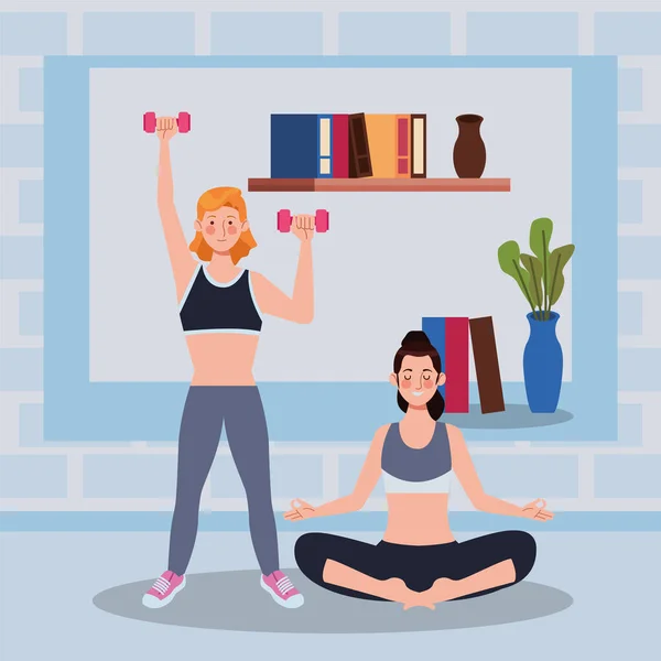 Mulheres praticando exercício na casa — Vetor de Stock