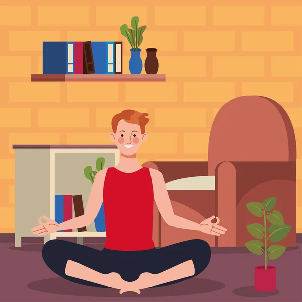 Man die yoga beoefent in huis — Stockvector