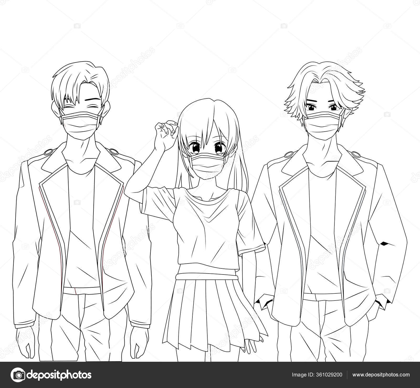 Jovens Meninos Usando Máscaras De Rosto Personagens Anime