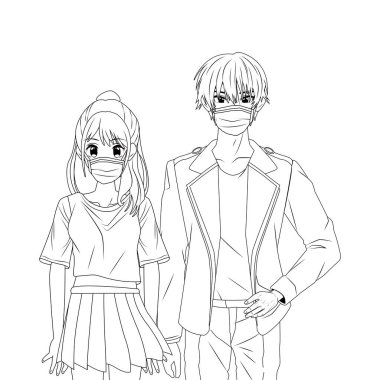 Anime karakterleri kullanan genç bir çift.