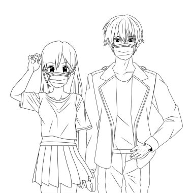 Anime karakterleri kullanan genç bir çift.