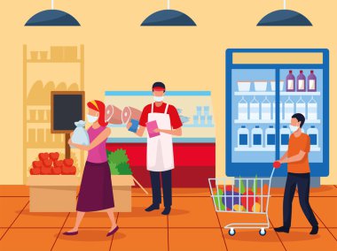 Çift ve işçi süpermarkette yüz maskesi kullanıyor.