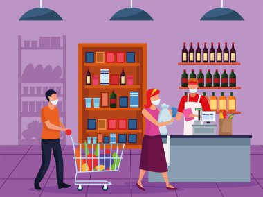 Çift ve işçi süpermarkette yüz maskesi kullanıyor.