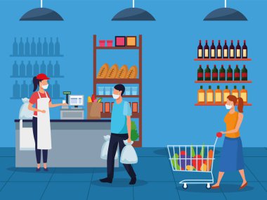 Çift ve işçi süpermarkette yüz maskesi kullanıyor.
