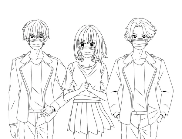 Jongeren met gezichtsmaskers anime personages — Stockvector