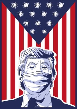 Yüz maskesi takan Trump, ABD bayrağı ve parçacıkları taşıyan Covid 19.