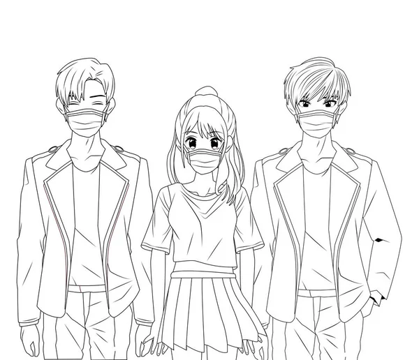 Jongeren met gezichtsmaskers anime personages — Stockvector