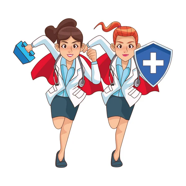 Super mujeres doctores personal personajes cómicos — Vector de stock