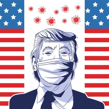 Yüz maskesi takan Trump, ABD bayrağı ve parçacıkları taşıyan Covid 19.