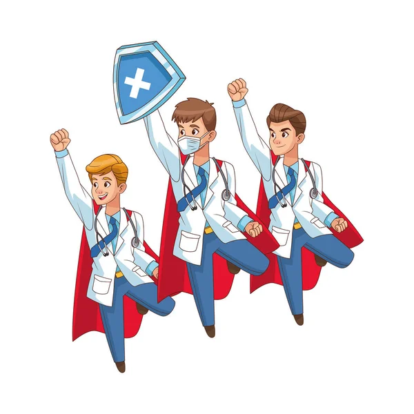 Super médicos personal volando personajes cómicos — Archivo Imágenes Vectoriales