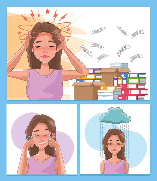 Group of women with stress symptoms and pile documents — Stock Vector