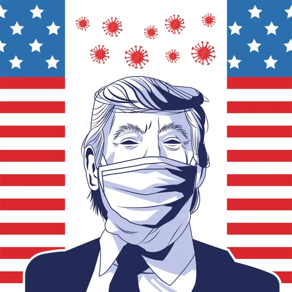 ทรัมป์สวมหน้ากากใบหน้าโดย covid 19 พร้อมธงและอนุภาคของสหรัฐอเมริกา — ภาพเวกเตอร์สต็อก